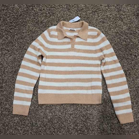 American Eagle NWT Stripped Knit Polo Sweater Tan/White Size M - Picture 3 of 8